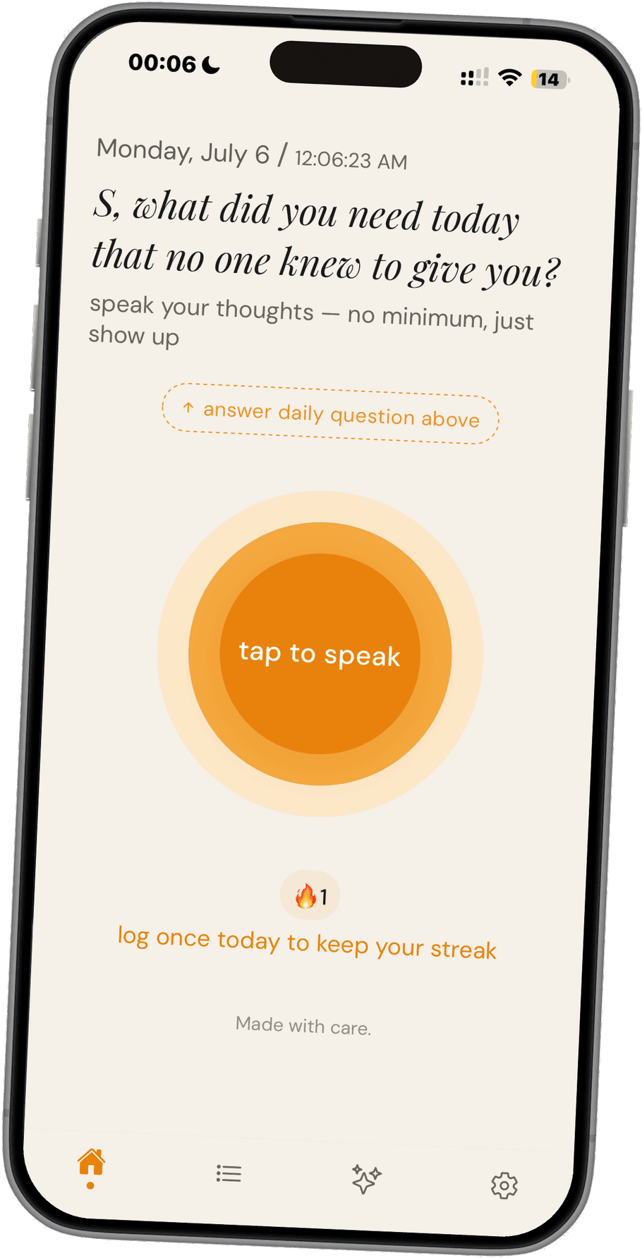 A phone showing Mialo's home screen: the daily question, a tap-to-speak button, and today's streak.